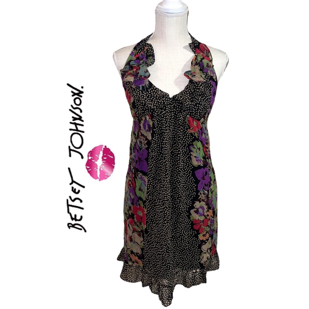 Betsey Johnson Black Floral Halter Dress with Purple & Red Accents